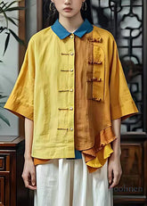 Pre sale - shipping in 30 days/Vintage Yellow Peter Pan Collar Ruffled Patchwork Tops Half Sleeve